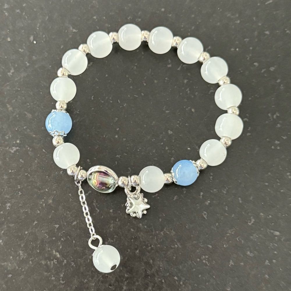 Cosmic Milky White & Blue Beaded Bracelet with Star Charm